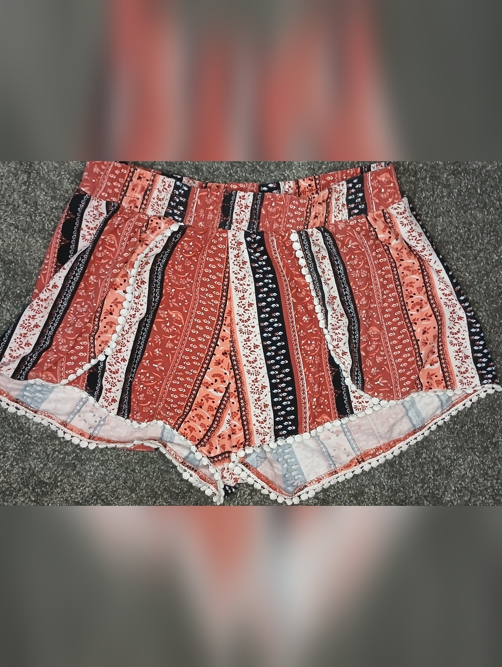 Rue21 Red Striped Patchwork-look Pom-Pom Hem Shorts